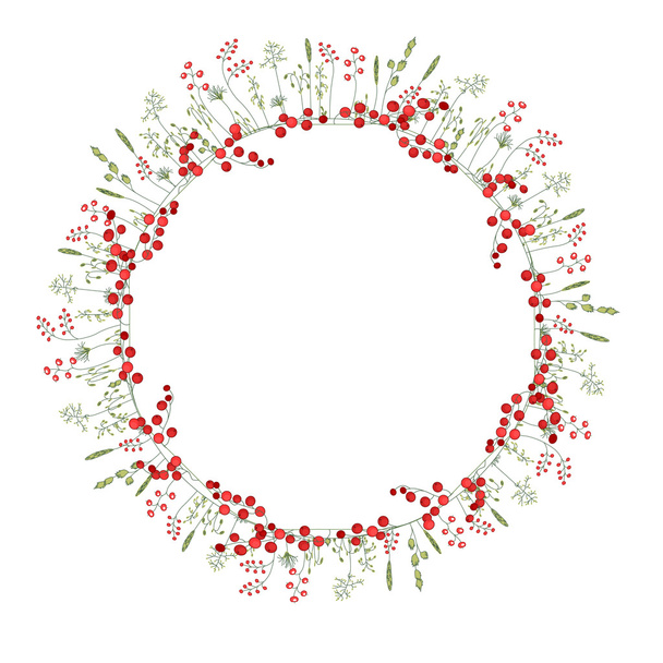 Detailed contour wreath with herbs,red,berries and wild stylized flowers isolated on white. - Διάνυσμα, εικόνα