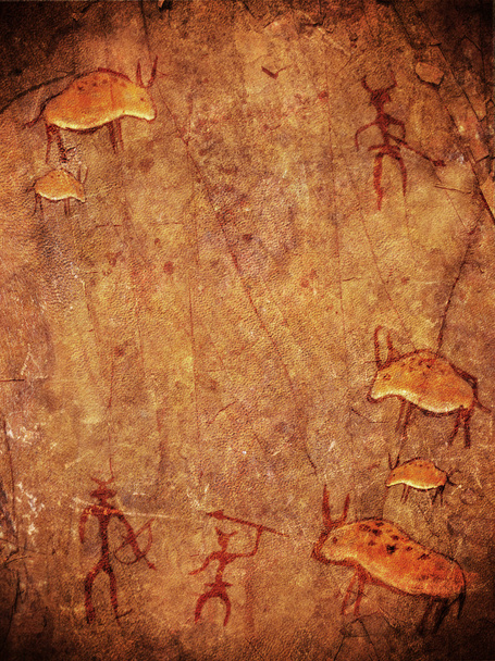 Prähistorische Farbe mit Jägern und Tieren digitale Illustration - Foto, Bild