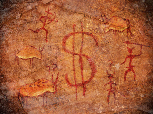 lovci na jeskynní malby digitální obrázek s symbol dolaru - 写真・画像