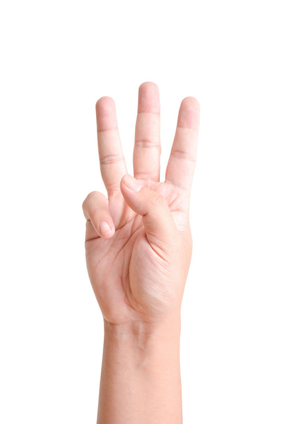 Mano con tres dedos hacia arriba aislado en blanco
 - Foto, imagen