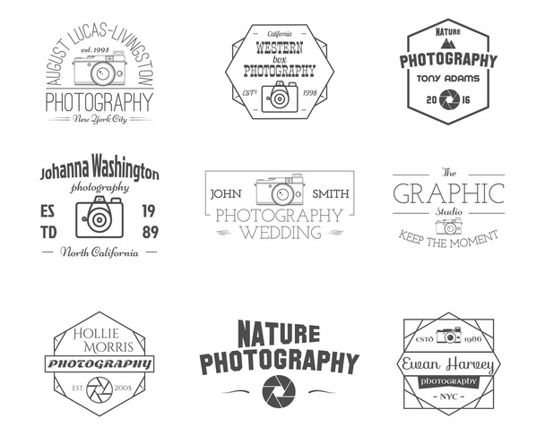 Photography Badges and Labels in Vintage Style. Simple Line design. Retro theme for photo studio, photographer, equipment store. Signs, logos, insignias. Vector - Vektor, kép