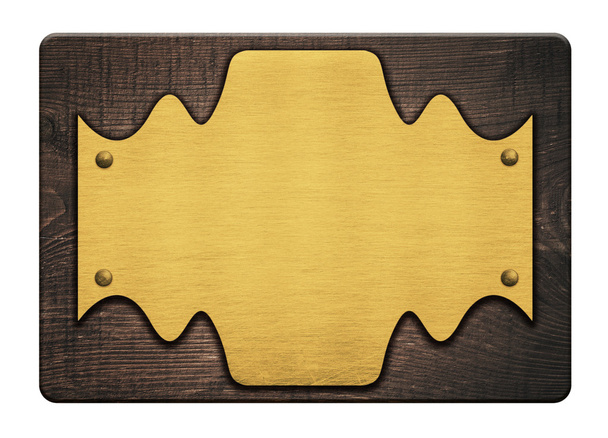 Samenstelling van gouden plaque, naam plate, houten plank geïsoleerd op wit - Foto, afbeelding