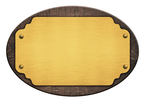 Composición de placa dorada, placa con nombre, tablero de madera aislado en blanco
 - Foto, Imagen