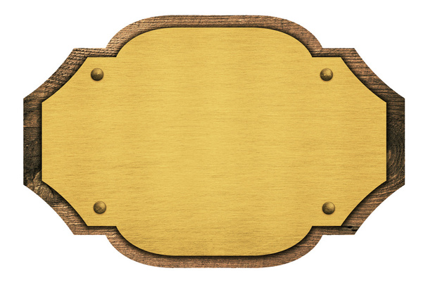 Composición de placa dorada, placa con nombre, tablero de madera aislado en blanco
 - Foto, imagen