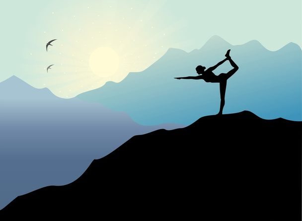 Yoga pose ao pôr-do-sol fundo
 - Vetor, Imagem