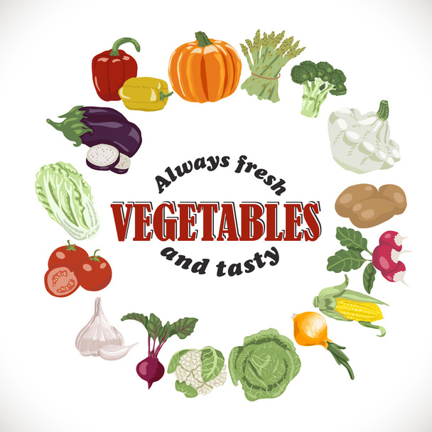Vector background with isolated vegetables in a circle and an inscription inside - Vecteur, image