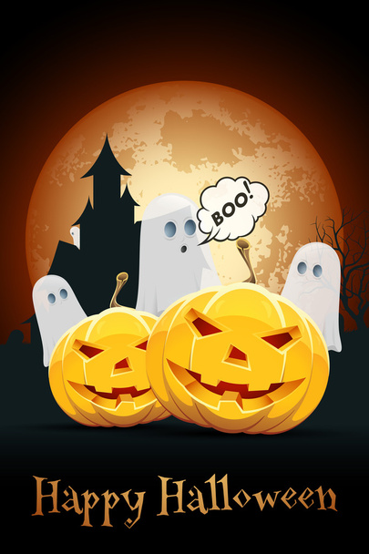 Fondo de Halloween con casa embrujada, calabazas y fantasmas
 - Vector, imagen
