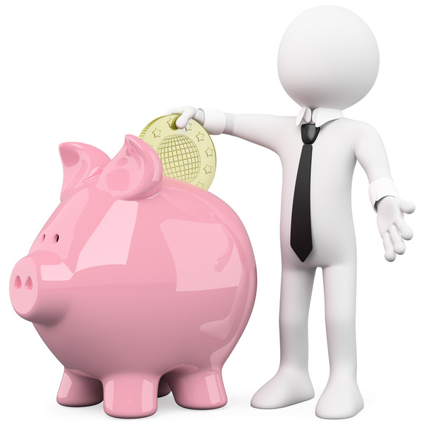 Empresario insertando una moneda en una alcancía rosa
 - Foto, Imagen