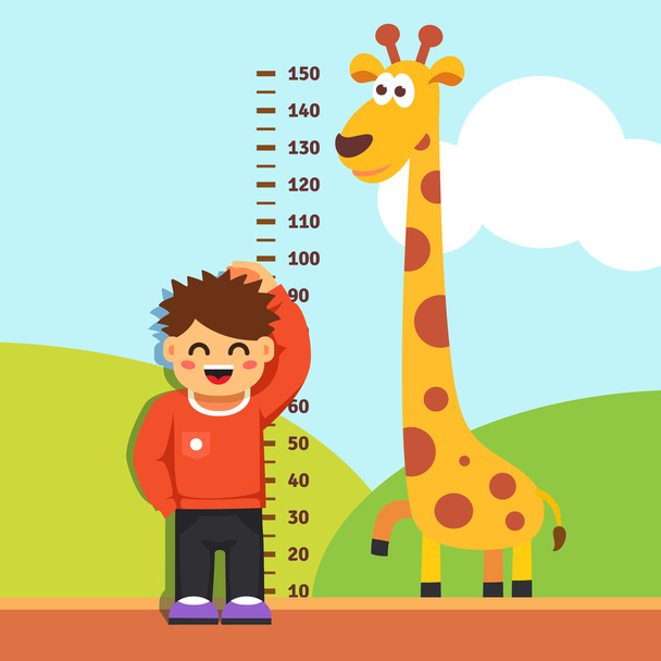 Boy kid measuring his height at kindergarten wall - Vektör, Görsel