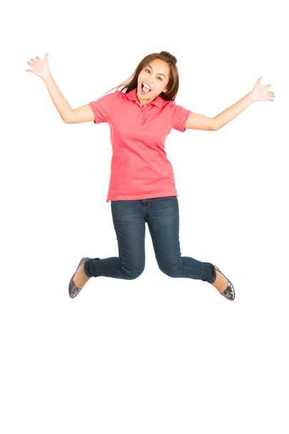 Extreme Happy Jumping Mid Air Asian Woman Spread - Foto, Imagen