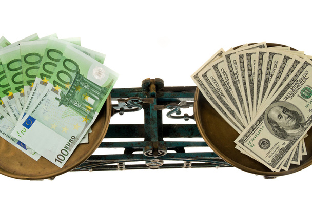 Dollar and euro on scales. differences in currenci - Foto, imagen