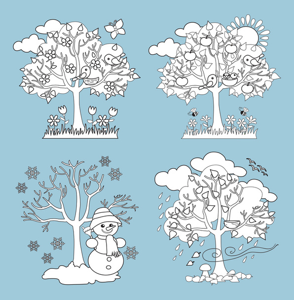 Dört mevsim ağaçlar küçük resimler ve ilkbahar, yaz, sonbahar ve kış ağaçlar ile vektör. Boyama. Vektör çizim - Vektör, Görsel