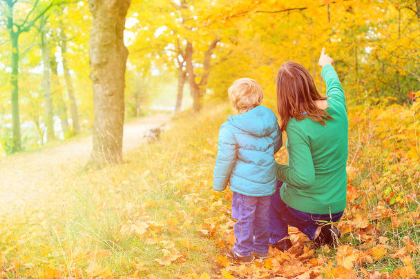 Mutter und Sohn spazieren im Herbst - Foto, Bild