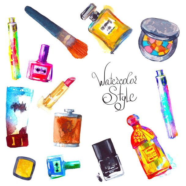 watercolor cosmetics and perfumes - Vector, Image