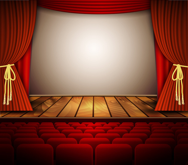 eine Theaterbühne mit rotem Vorhang, Bestuhlung. - Vektor, Bild