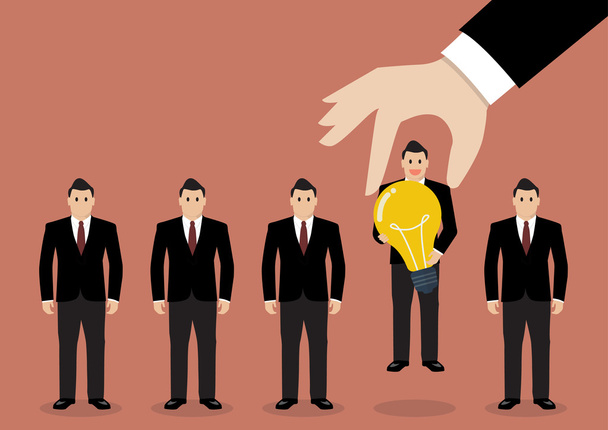 Hand choosing worker who has idea from group of businessmen - Vector, Image