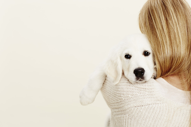 Puppy embraced by blonde owner - Foto, immagini