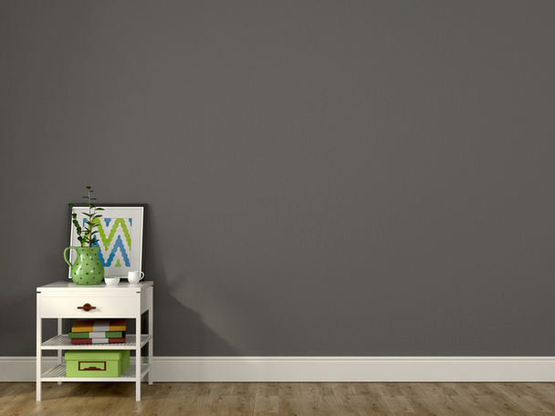 weißer Nachttisch und eine graue Wand - Foto, Bild