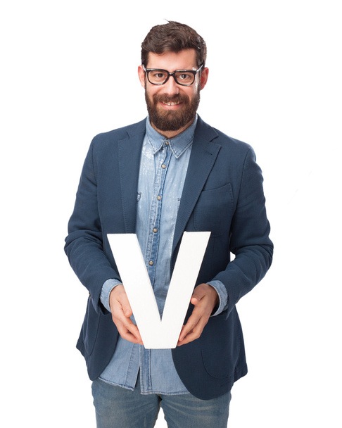 happy businessman holding letter V - Photo, image