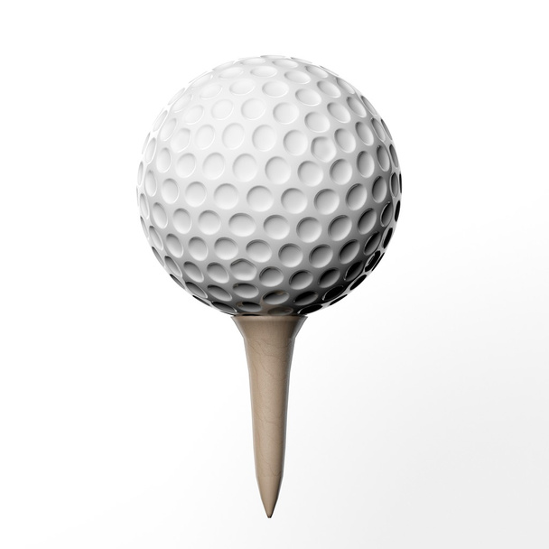 Golfball auf einem Abschlag, isoliert auf weißem Hintergrund - Foto, Bild