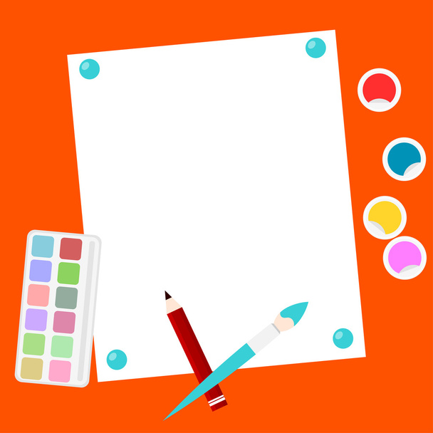 Bright background with paper, paints, brushes and pencil. Design - Vector, Image