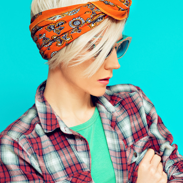 Fashion blond girl in trendy Headscarf. - Фото, зображення