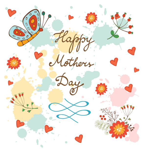 Ευτυχισμένη ημέρα της μητέρας κάρτα με λουλούδια και πεταλούδα - Διάνυσμα, εικόνα