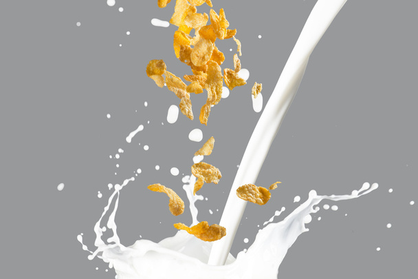 Cornflakes Falling Into Milk Splash - Fotoğraf, Görsel