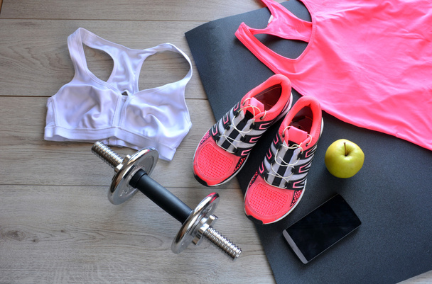 sneakers, clothing for fitness - Photo, image
