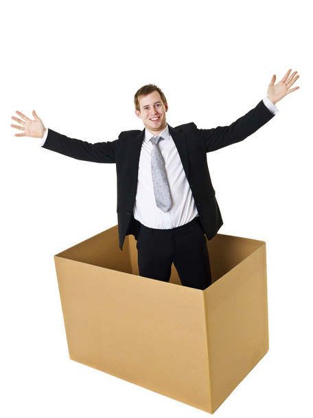 Homme d'affaires dans une boîte en carton
 - Photo, image