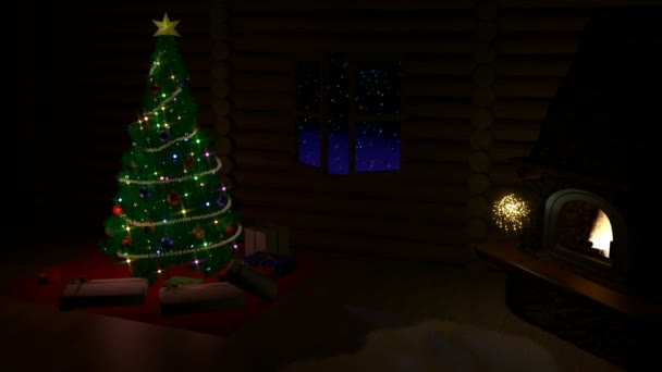 Kerstboom, geschenkdozen en open haard - Video