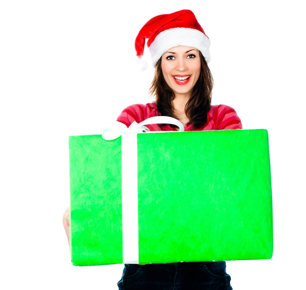 Girl in Santa hat with gifts - Zdjęcie, obraz