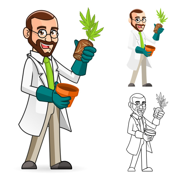 植物科学者の漫画のキャラクター、植物の根を検査 - ベクター画像