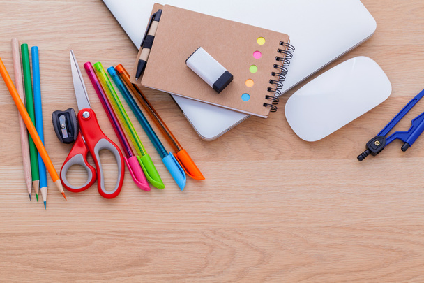 Back to school concept with school supplies laptop, book, pen, mo
 - Фото, изображение