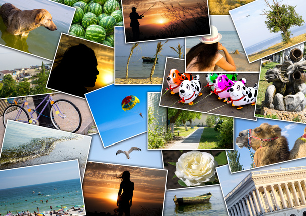 Mosaico collage mix viajar en verano 2015 con imágenes de diferentes lugares, paisajes y objetos filmados por mí mismo
 - Foto, imagen