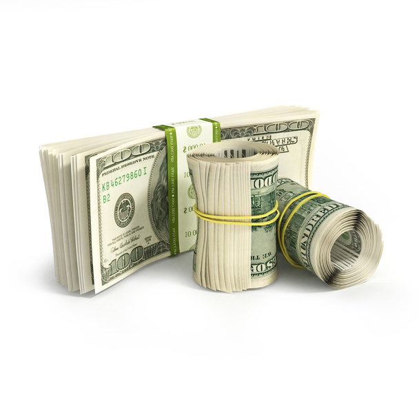 rollo de dólares y pila de billetes aislados en blanco
 - Foto, Imagen