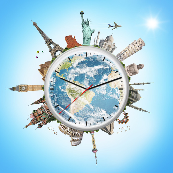 illustration of a clock with famous monuments - Photo, Image
