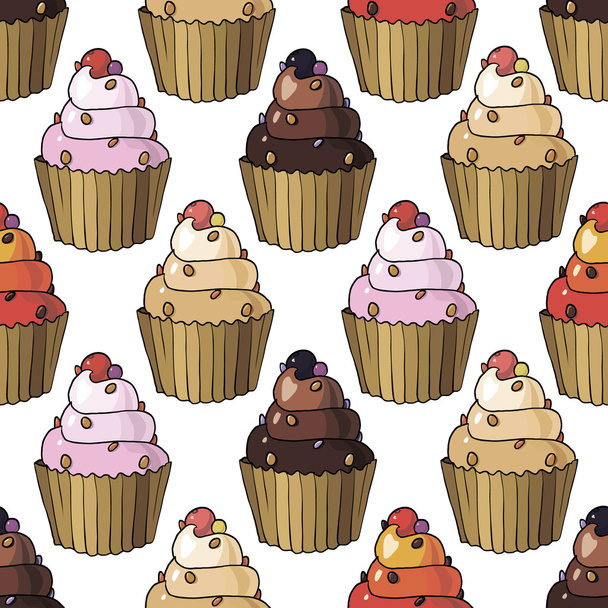 Seamless pattern with cherry cupcakes - Vector, Image