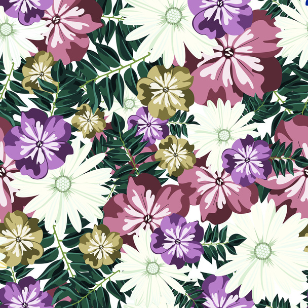 Beautiful floral pattern. Seamless pattern. Flowers. Bright buds, leaves, flowers. Flowers for greeting cards, posters, flyers. Flower shop. Seamless vintage tropical flower pattern vector. - Vetor, Imagem