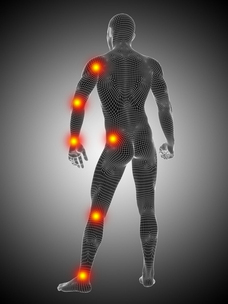 corpo in rete anatomica umana con dolore, dolore o infiammazione su sfondo bianco e nero
 - Foto, immagini