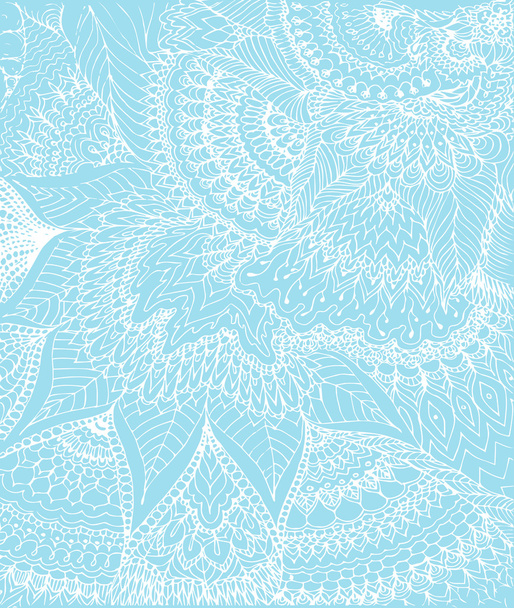 Vector illustration of doodle drawing on the light blue background. Abstract white lines, curves and leaves. Vintage backdrop. Hand-drawn texture. - Vektor, obrázek