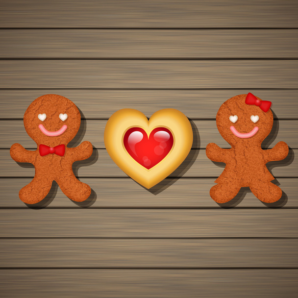 loving couple of gingerbread cookies and strawberry heart cookie - Vecteur, image