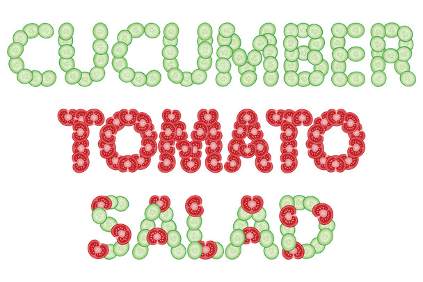 Dilimlenmiş salatalık ve domates oluşan kelime - Vektör, Görsel
