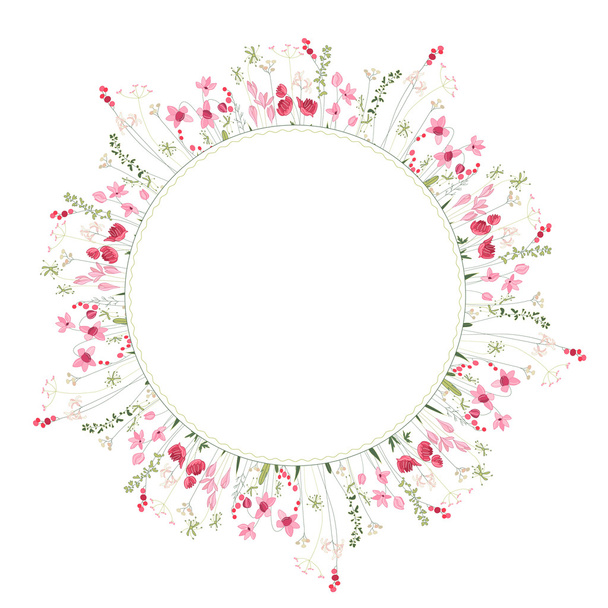 Detailed contour wreath with herbs and wild stylized flowers isolated on white. - Διάνυσμα, εικόνα