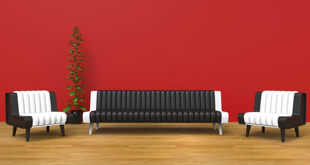 Piros nappali szoba fekete-fehér bútorok - Fotó, kép