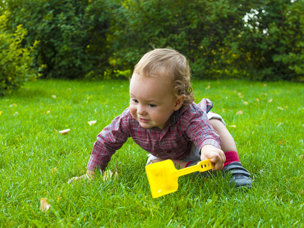 Un bebé arrastrándose sobre la hierba
. - Foto, imagen