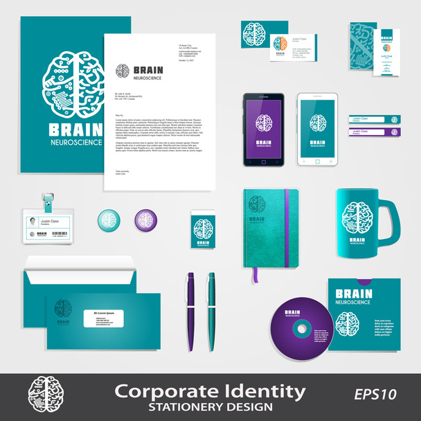 Ιατρική επιστήμη επιχειρήσεων ταυτότητα πρότυπο σετ με το εικονίδιο του ανθρώπινου εγκεφάλου φορέα. - Διάνυσμα, εικόνα