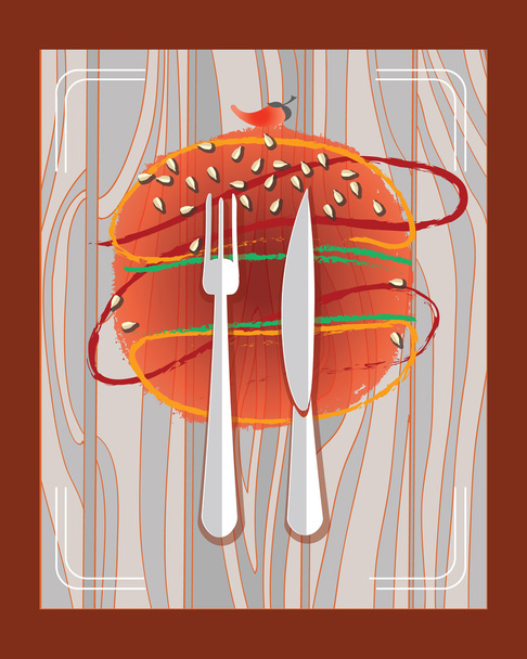 Burger House - Restaurant Menü Cover Design - Vektorillustration mit Gabel, Messer und Burger, bemalt von Soßen auf Holztisch und dekorierten Sesamsamen - Vektor, Bild
