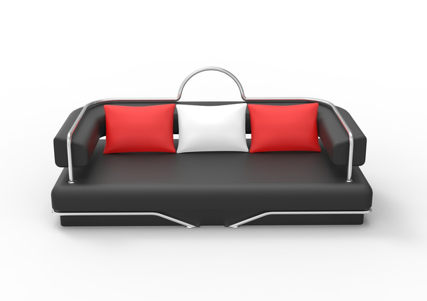 Μαύρο καναπέ με κόκκινα και άσπρα μαξιλάρια - Φωτογραφία, εικόνα
