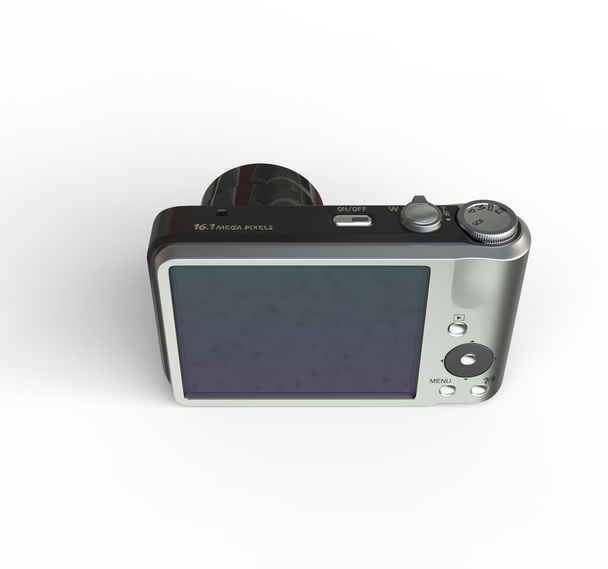 Маленькая серебряная камера на белом фоне - вид сзади
 - Фото, изображение